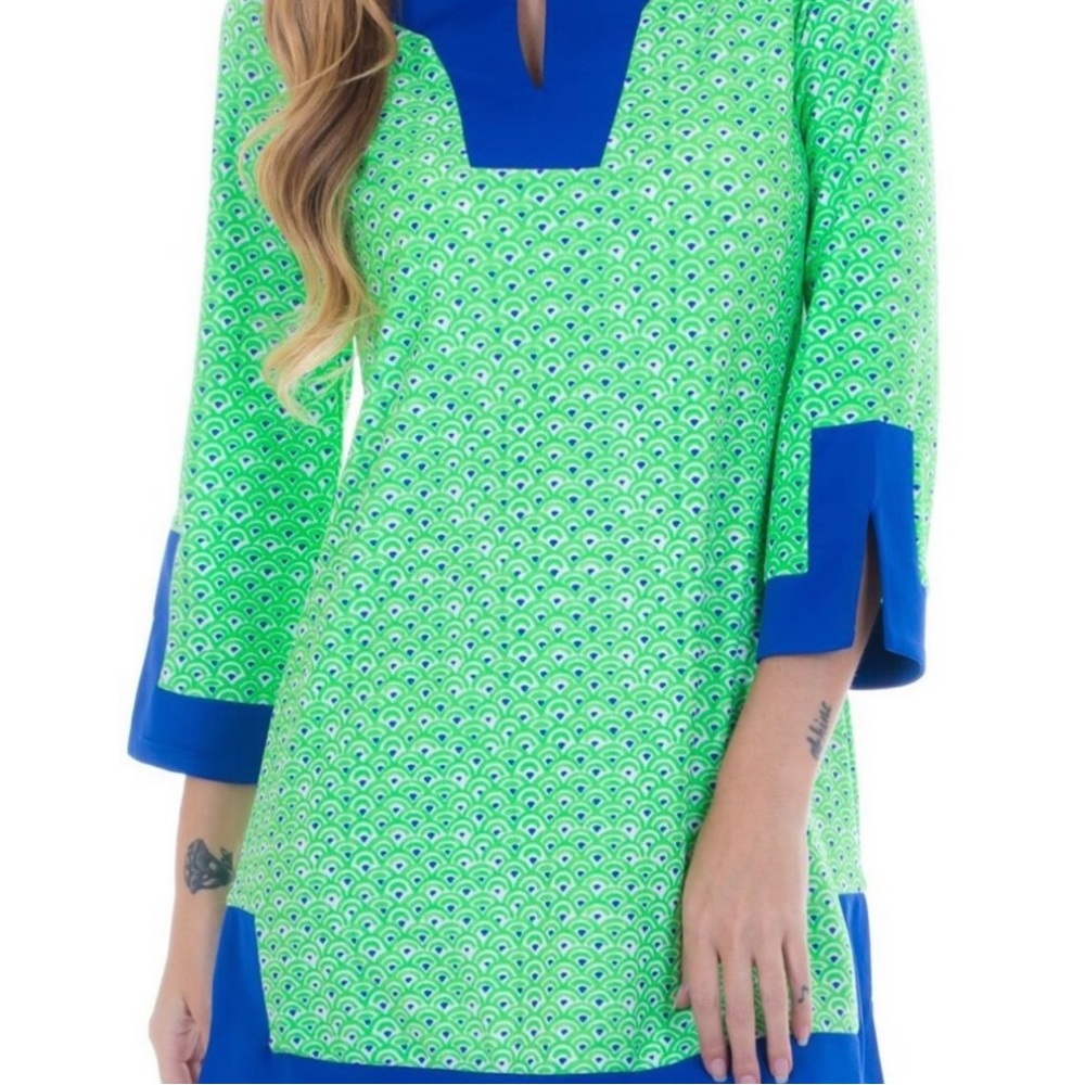 CABANA LIFE Tunic Dress Swimsuit Cover Up Sun Protection UPF 50+ Green Blue Fan